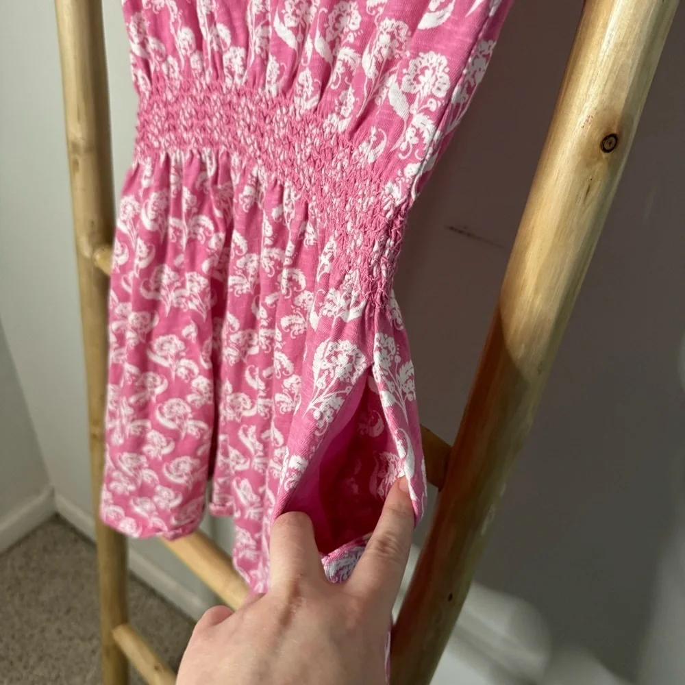 Mini Boden pink floral fit and flare cotton smocked waist dress  11-12Y